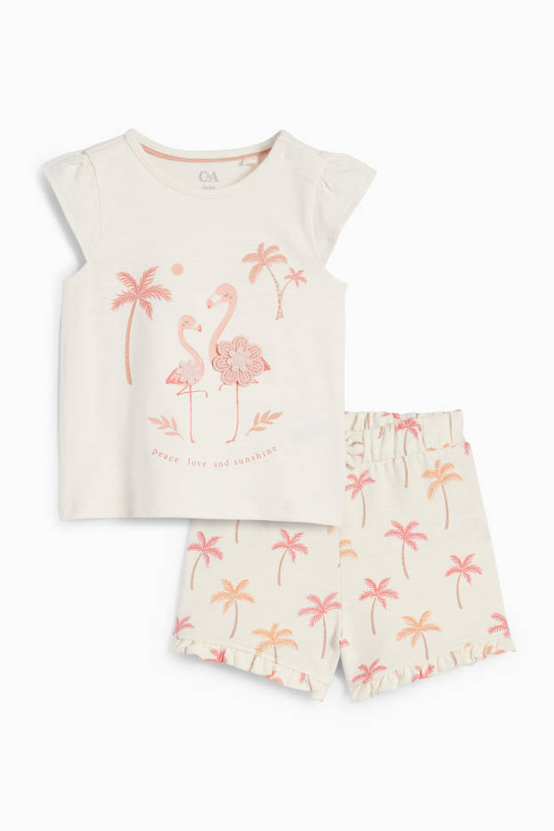 Bebeluși - fete - Flamingo și palmier - compleu bebeluși - 2 piese - alb-crem