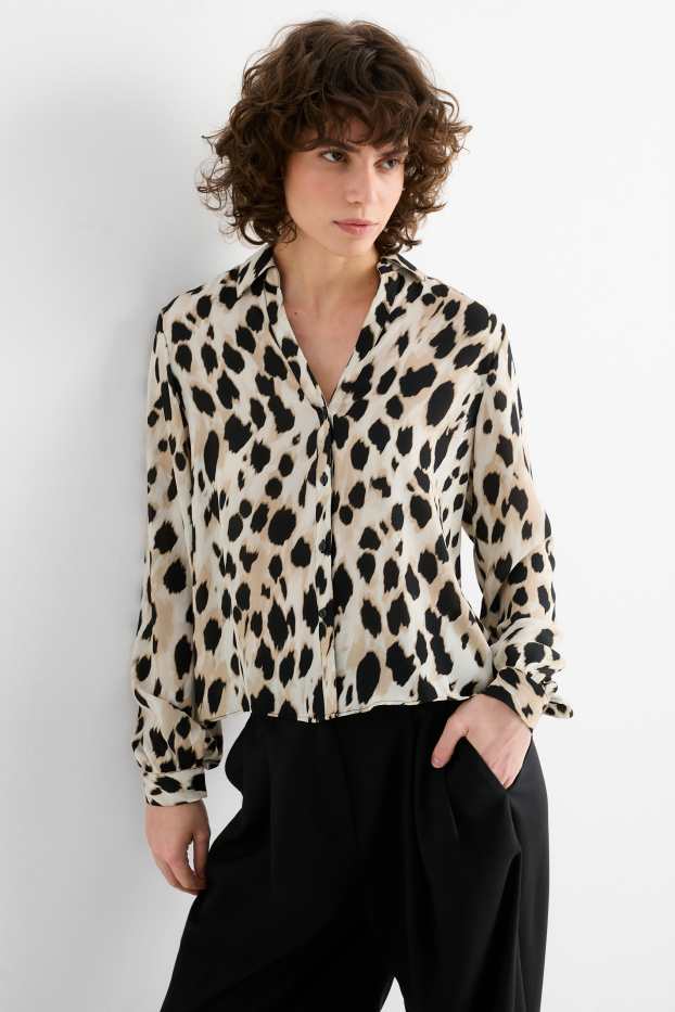Dames - Blouse met V-hals - luipaardprint - zwart / beige