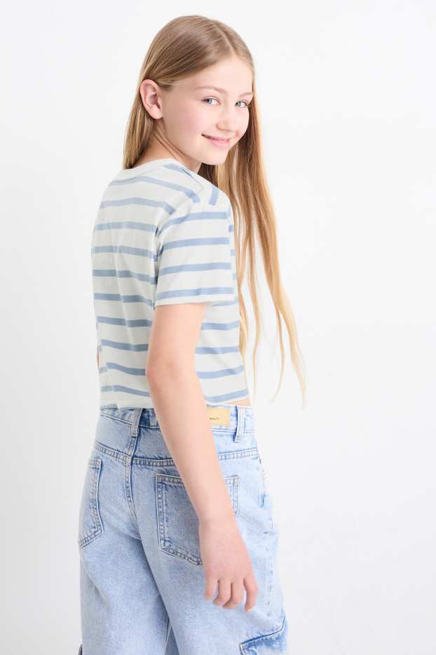 Kinder Mädchen - Kurzarmshirt - gestreift - weiss / hellblau