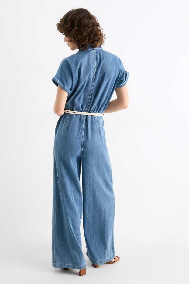 Damen - Jeans-Jumpsuit mit Gürtel - helljeansblau