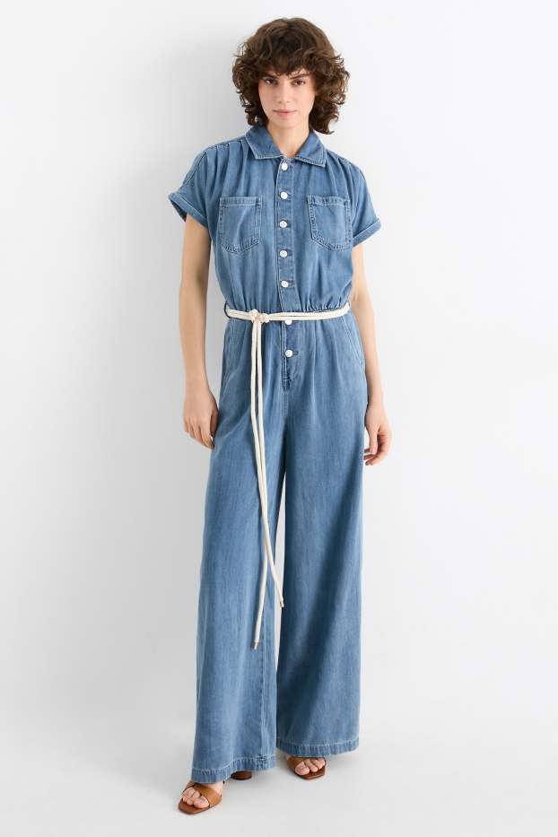 Damen - Jeans-Jumpsuit mit Gürtel - helljeansblau