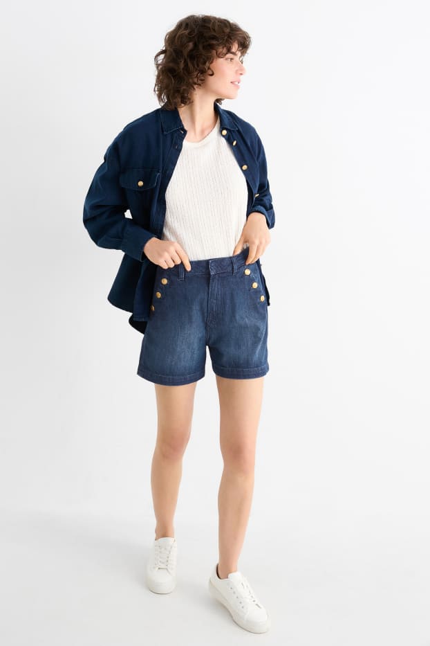 Dames - Korte spijkerbroek - high waist - jeansdonkerblauw