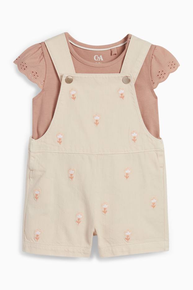 Baby: meisjes - Bloemetje - babyoutfit - broderie Anglaise - 2-delig - licht beige