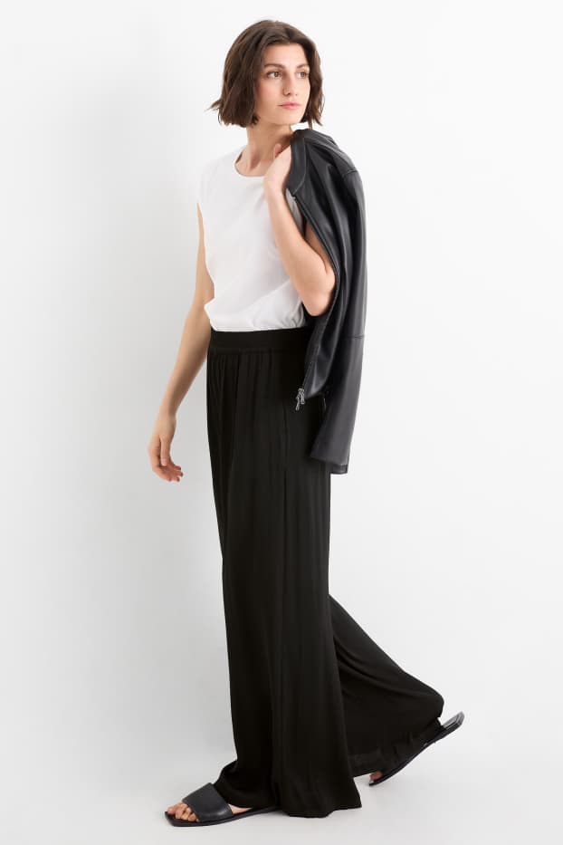 Femmes - Pantalon en toile - high waist - wide leg - noir