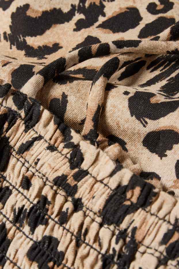 Damen - Fit & Flare Kleid - Leo-Print - gesmokt - schwarz / beige