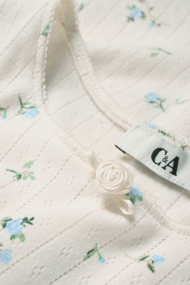 Damen - Crop T-Shirt - geblümt - cremeweiß