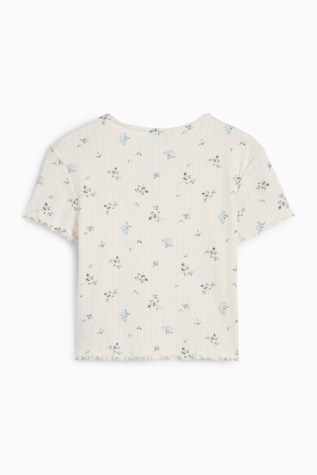 Damen - Crop T-Shirt - geblümt - cremeweiß