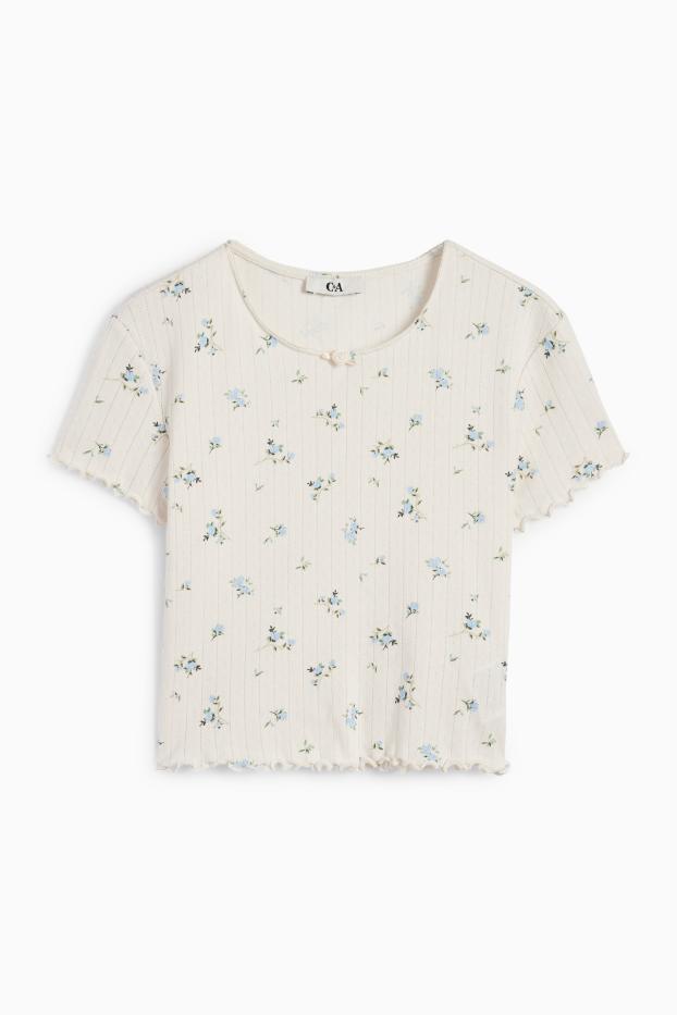 Damen - Crop T-Shirt - geblümt - cremeweiß