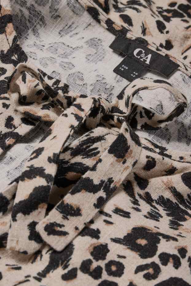 Damen - A-Linien Kleid mit Leinen-Anteil - Leo-Print - schwarz / beige