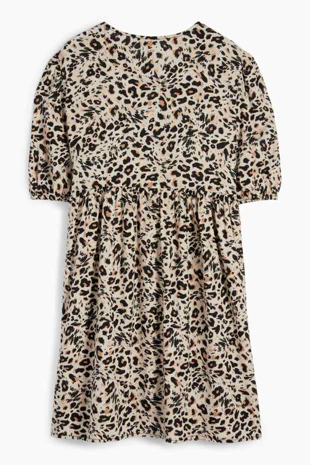 Damen - A-Linien Kleid mit Leinen-Anteil - Leo-Print - schwarz / beige