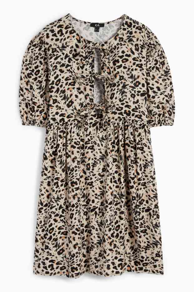 Damen - A-Linien Kleid mit Leinen-Anteil - Leo-Print - schwarz / beige