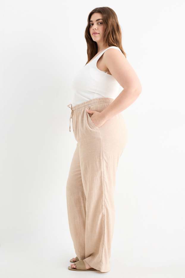 Femmes - Pantalon de toile - mid waist - wide leg - lin mélangé - beige clair