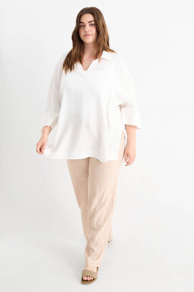 Femmes - Pantalon de toile - mid waist - wide leg - lin mélangé - beige clair