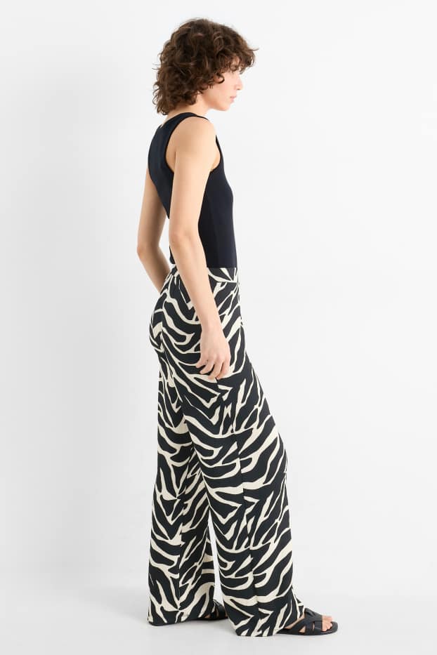 Damen - Jersey-Hose - Mid Waist - Wide Leg - gemustert - schwarz / beige