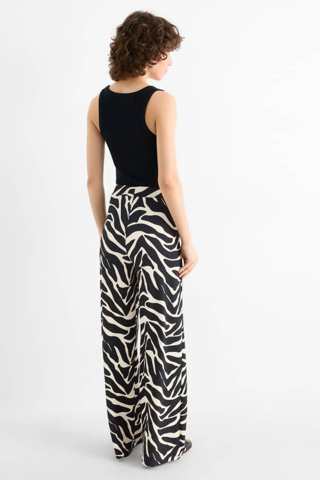 Damen - Jersey-Hose - Mid Waist - Wide Leg - gemustert - schwarz / beige