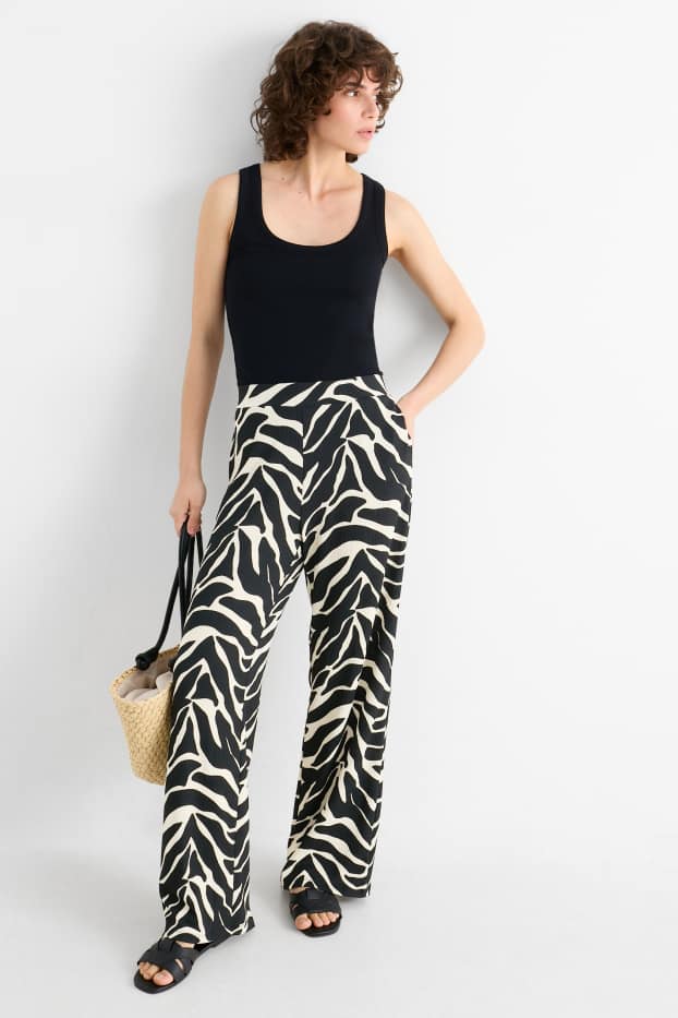 Damen - Jersey-Hose - Mid Waist - Wide Leg - gemustert - schwarz / beige