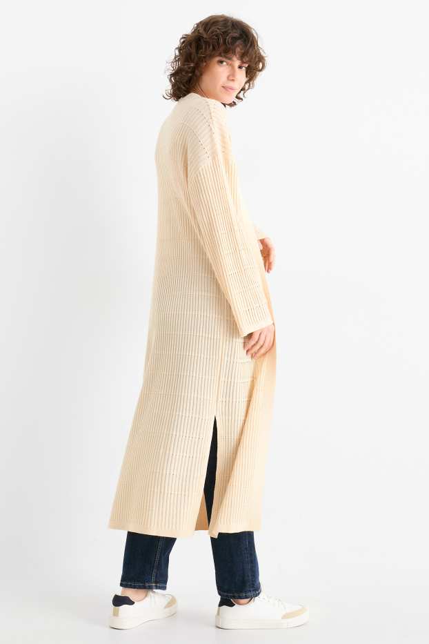 Femmes - Gilet en maille long - finition côtelée - beige clair