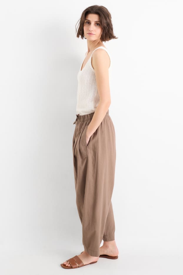 Women - Cloth trousers - mid-rise waist - curved fit - linen blend - brown