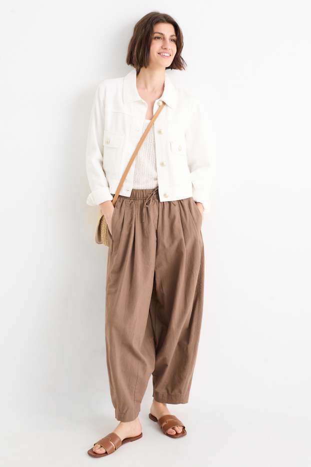Women - Cloth trousers - mid-rise waist - curved fit - linen blend - brown