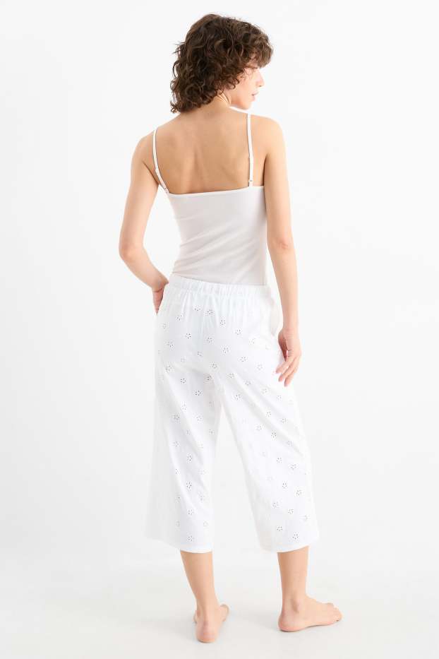 Damen - Pyjamahose - Broderie Anglaise - weiß