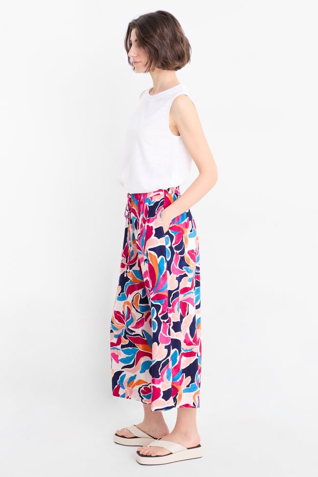 Dames - Pantalon - high waist - wide leg - gebloemd - donker rose
