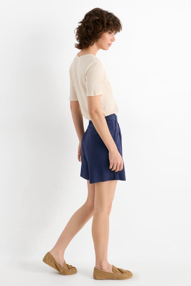Donna - Shorts - vita media - misto lino - blu scuro