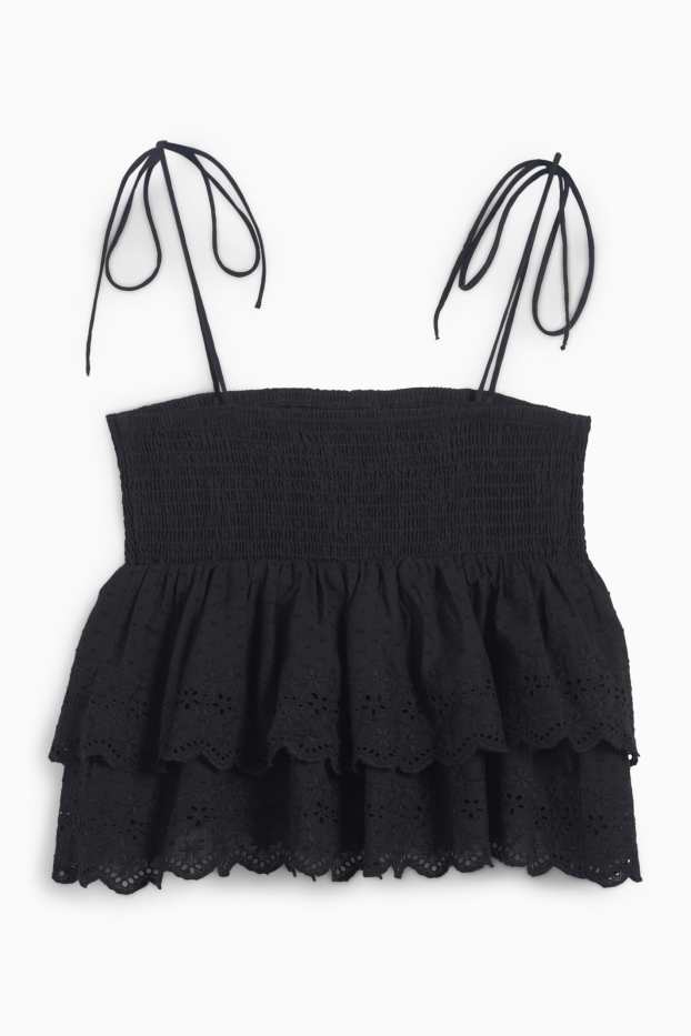 Damen - Blusentop - Broderie Anglaise - gesmokt - schwarz