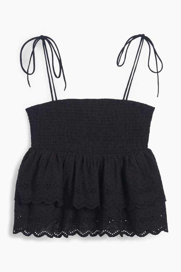 Damen - Blusentop - Broderie Anglaise - gesmokt - schwarz