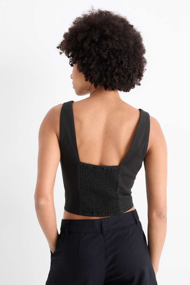 Donna - Blusa smanicata corta con componente di lino - nero