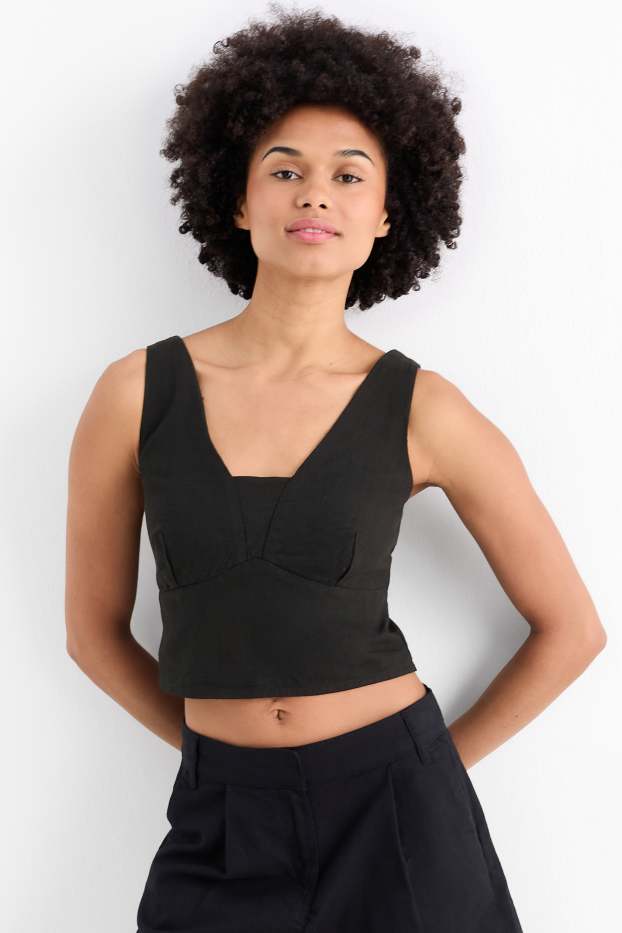 Donna - Blusa smanicata corta con componente di lino - nero