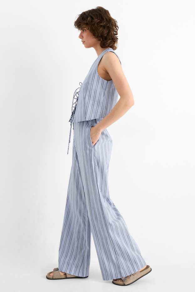 Femei - Pantaloni de stofă - talie înaltă - wide leg - cu dungi - albastru