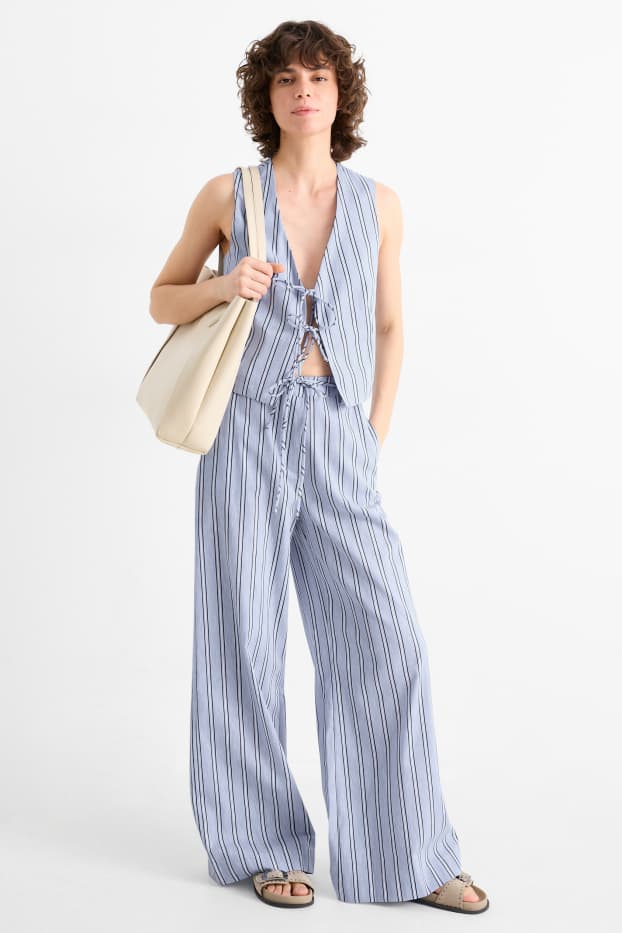 Femei - Pantaloni de stofă - talie înaltă - wide leg - cu dungi - albastru