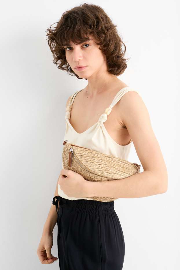 Donna - Borsa a tracolla in paglia con spallaccio removibile - beige