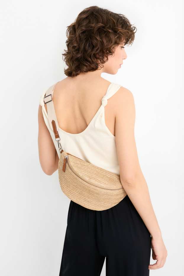 Donna - Borsa a tracolla in paglia con spallaccio removibile - beige