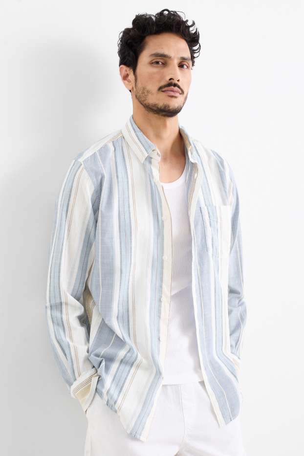 Uomo - Camicia - regular fit - button down - a righe - blu / beige