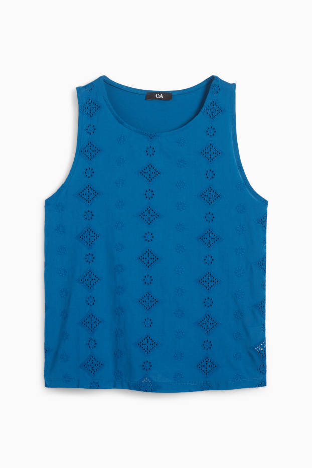 Damen - Blusentop - Broderie Anglaise - petrol