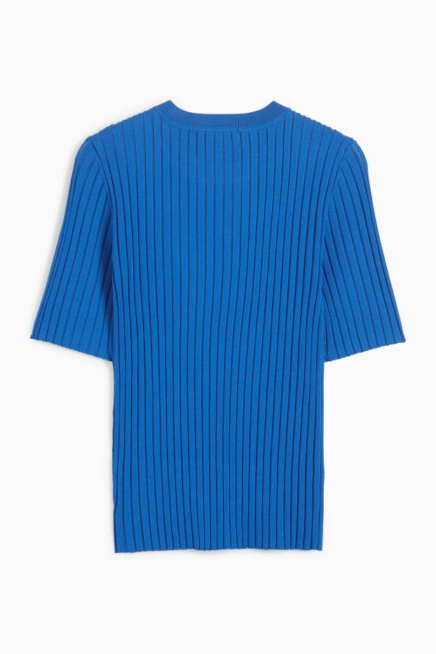 Women - Knitted jumper - short sleeve - ribbed - petrol