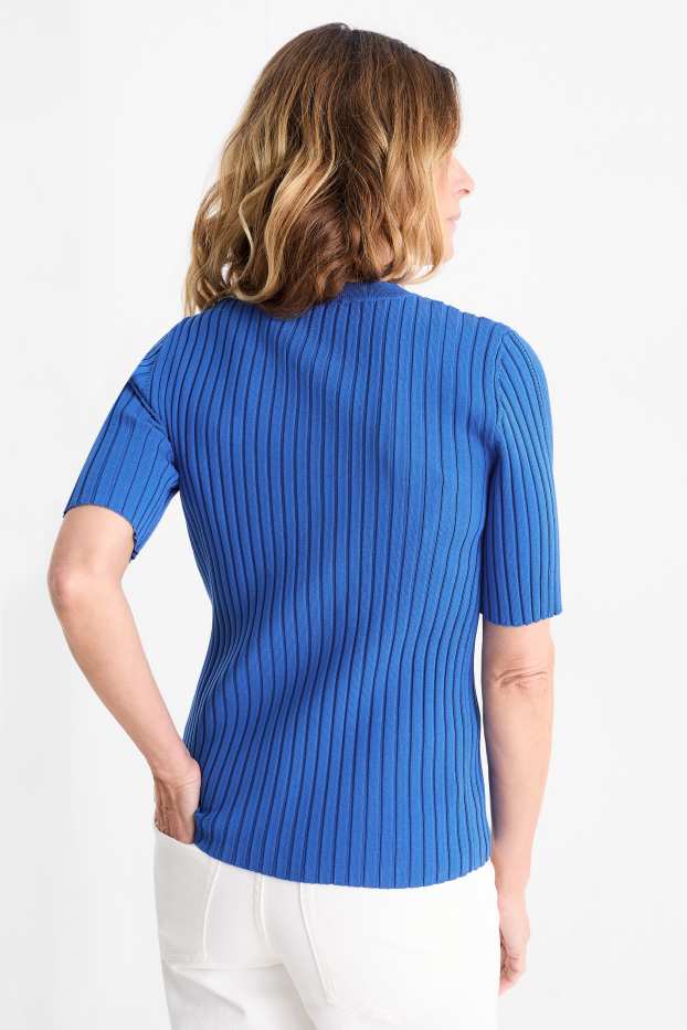 Women - Knitted jumper - short sleeve - ribbed - petrol