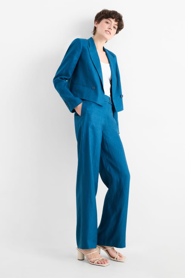 Women - Linen business trousers - high waist - straight fit - petrol
