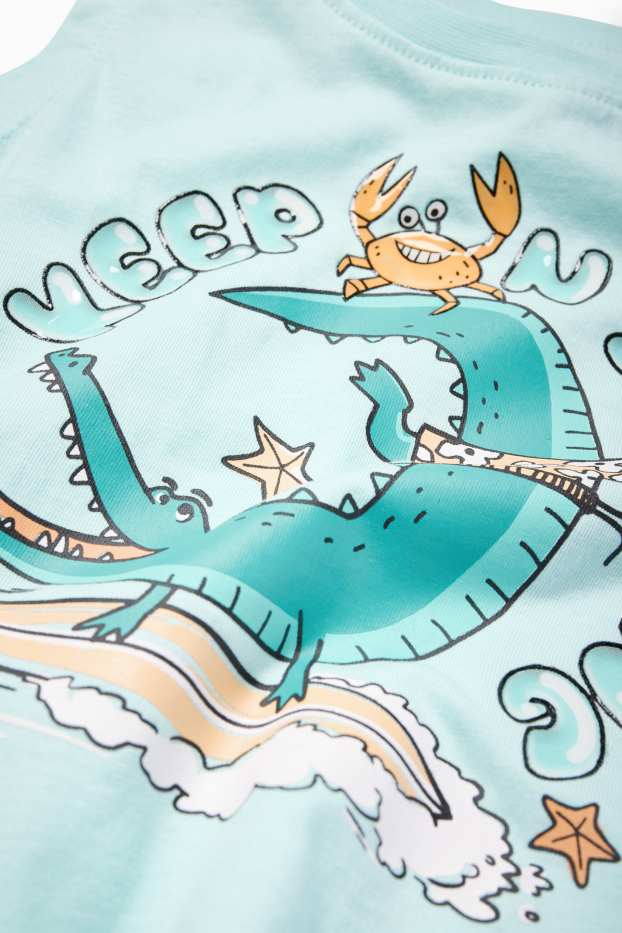 Děti - chlapci - Surfařský motiv s krokodýlem - souprava - top a šortky - 2dílná - tyrkysová