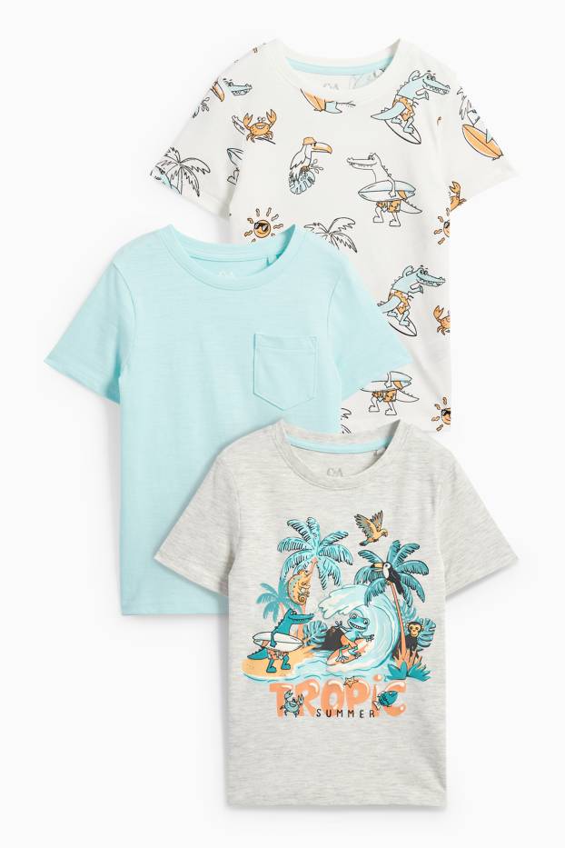 Enfants garçons - Lot de 3 - animaux surfeur - T-shirt - gris / turquoise