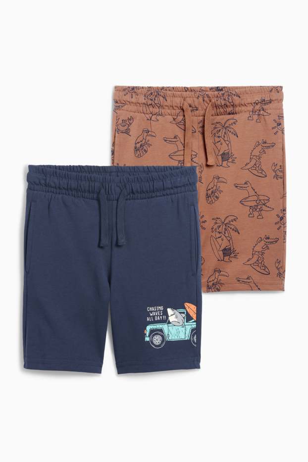 Kinder Jungen - Multipack 2er - Surfer-Tiere - Sweat-Bermudas - braun / blau