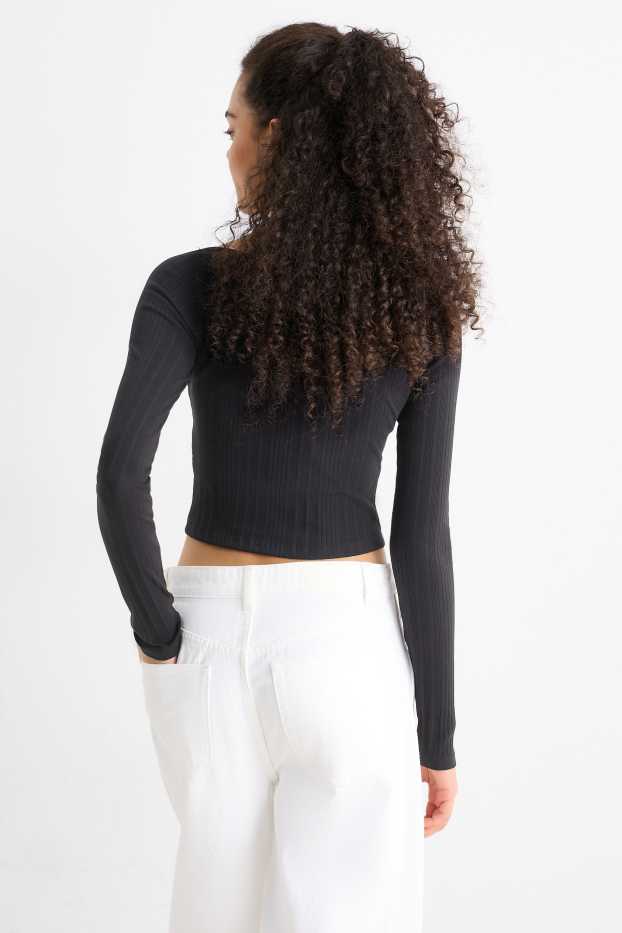 Dames - Korte longsleeve - geribd - zwart