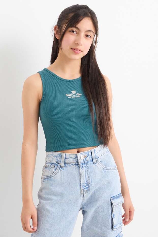 Enfants filles - Palmier - haut - finition côtelée - vert foncé