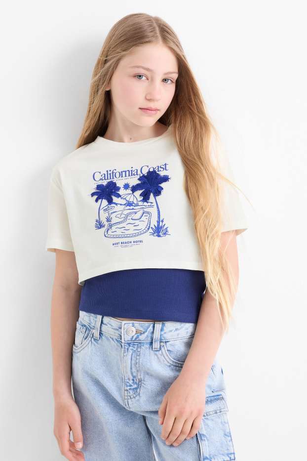 Děti - dívky - Motiv bazénu - souprava - tričko s krátkým rukávem a top - 2dílná - tmavomodrá/bílá