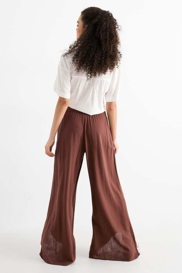 Femmes - Pantalon de toile avec teneur en lin - mid waist - wide leg - marron foncé