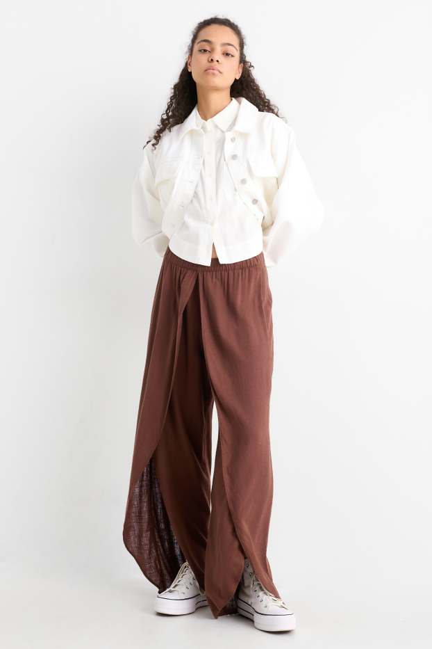 Femmes - Pantalon de toile avec teneur en lin - mid waist - wide leg - marron foncé