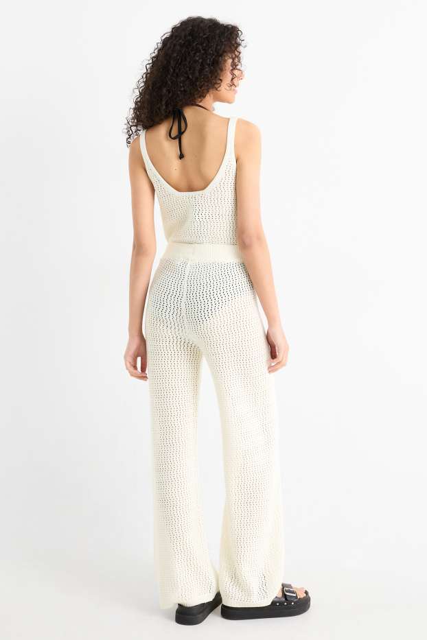 Femei - Pantaloni tricotați - talie medie - wide leg - alb-crem