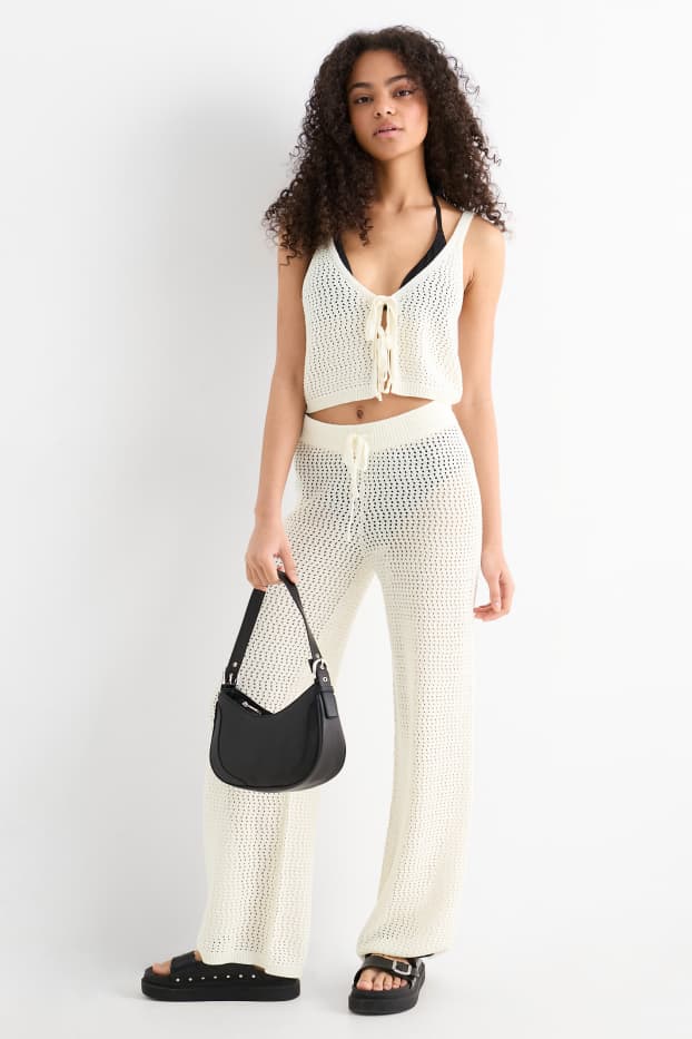 Femei - Pantaloni tricotați - talie medie - wide leg - alb-crem