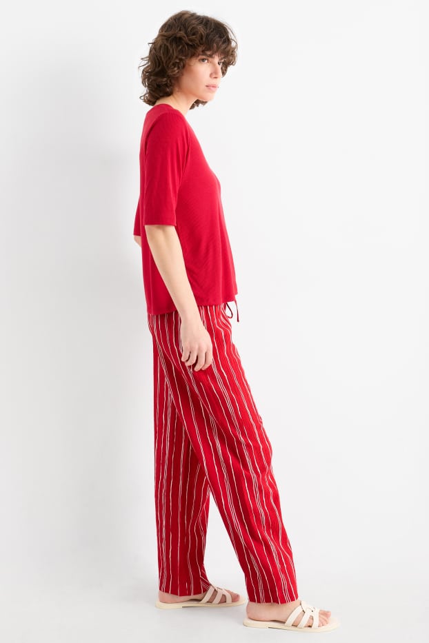 Mujer - Pantalón de tela - high waist - wide leg - de rayas - con textura - rojo